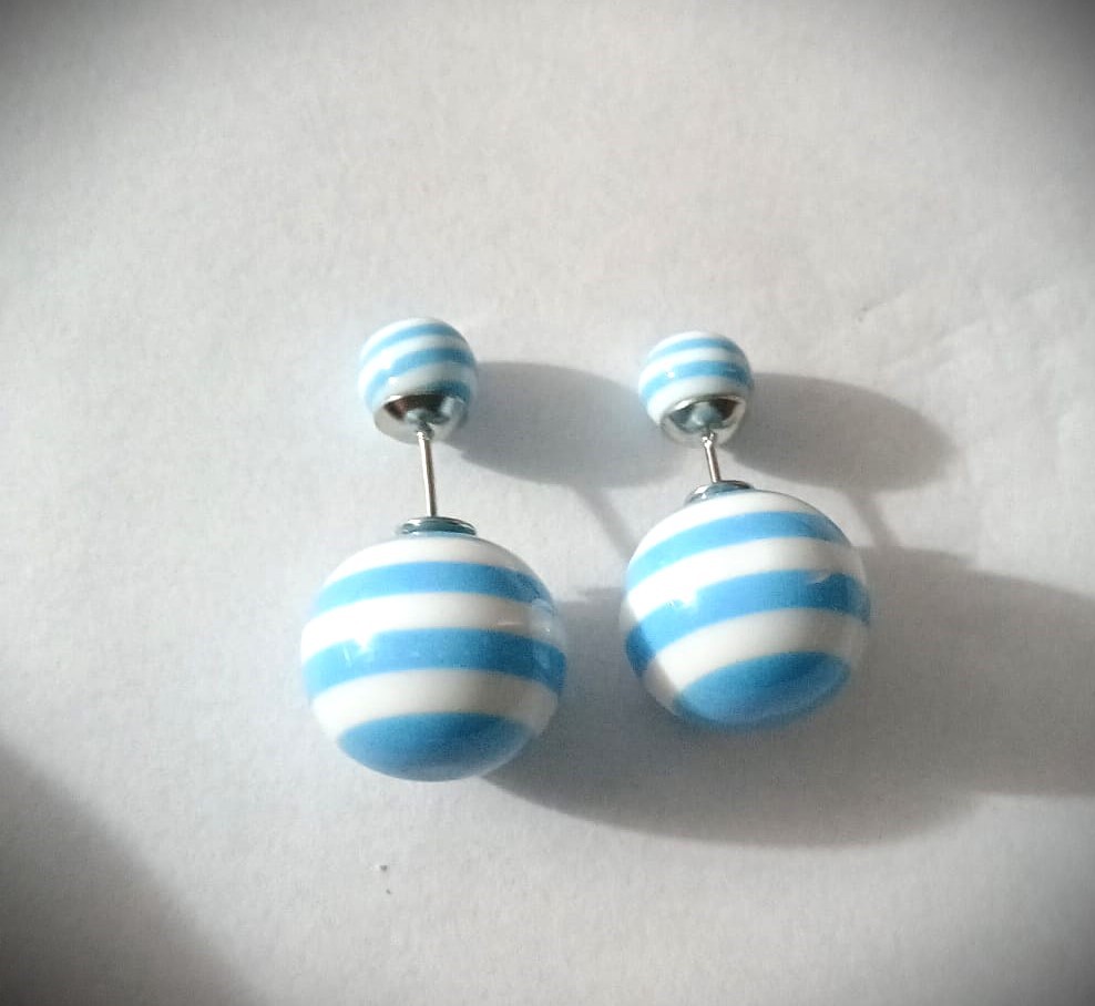 Double sided Stud: Blue & White Striped Silver Tone Studs - Image 3