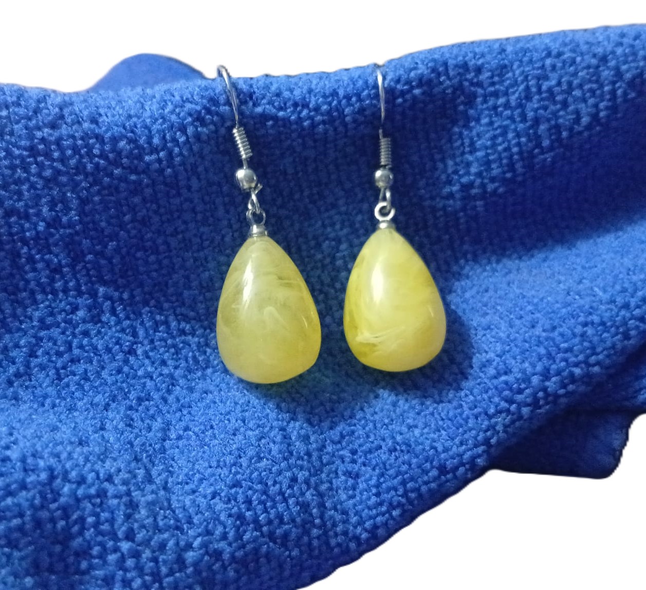 Oval Acrylic Faux Yellow Amber Honey Silver Tone Hook Earrings - Image 2