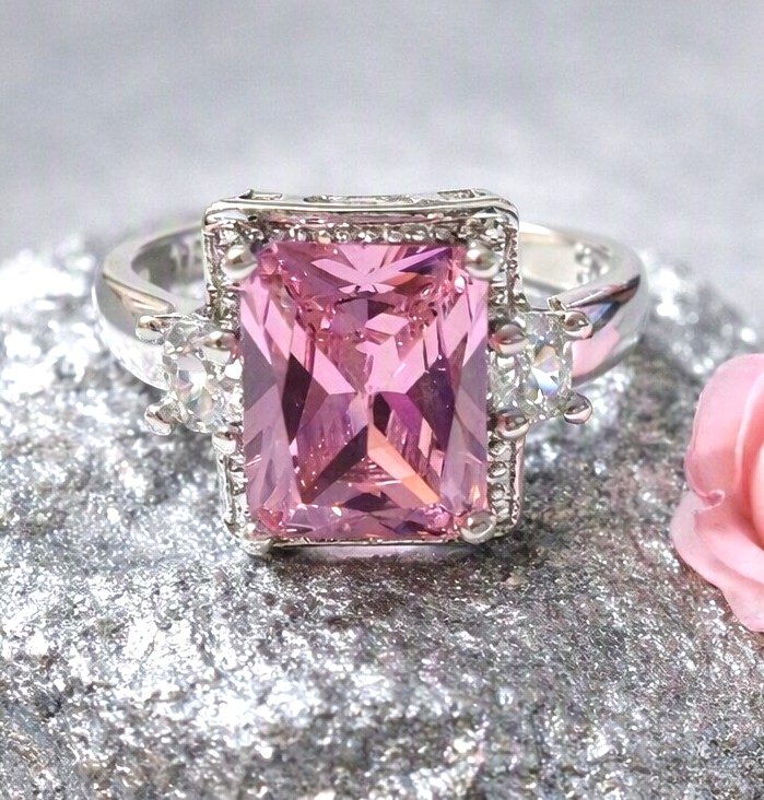Gorgeous 3ct Pink Topaz Ring – 0.11ct White Cubic Zirconia – 925 Sterling Silver