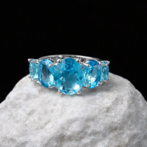 Beautiful 925 Silver 7 Stones Oval Blue Topaz Ring 
