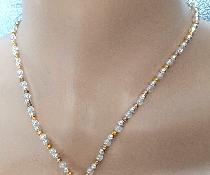 White Crystal Pendant Necklace – Gold & Copper Beads – 40cm Long - Image 4