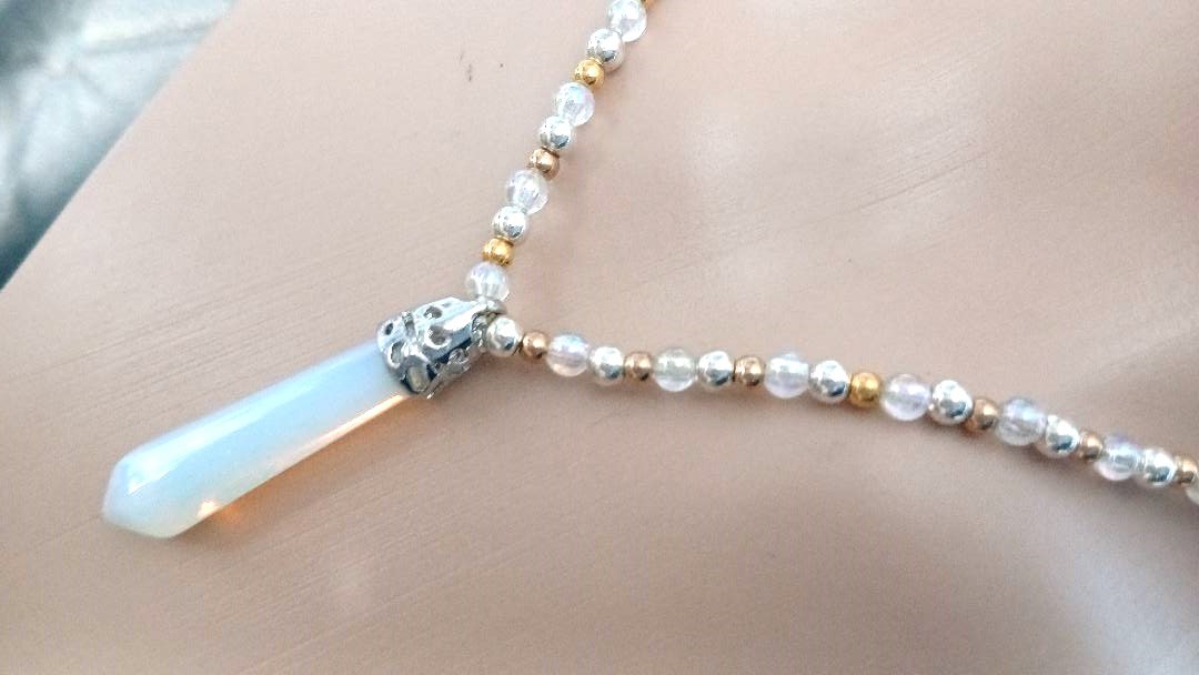 White Crystal Pendant Necklace – Gold & Copper Beads – 40cm Long - Image 2