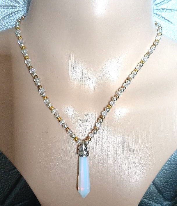 White Crystal Pendant Necklace – Gold & Copper Beads – 40cm Long - Image 5