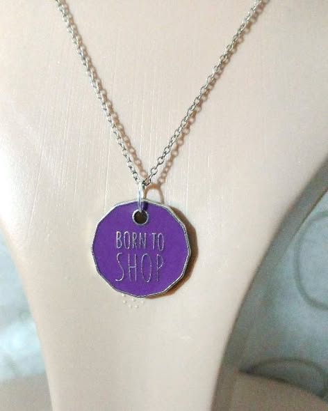 Humourous Silver Necklace with Purple “Born to Shop” Pendant - Image 2