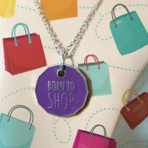 Humourous Silver Necklace with Purple “Born to Shop” Pendant