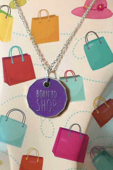 Humourous Silver Necklace with Purple “Born to Shop” Pendant