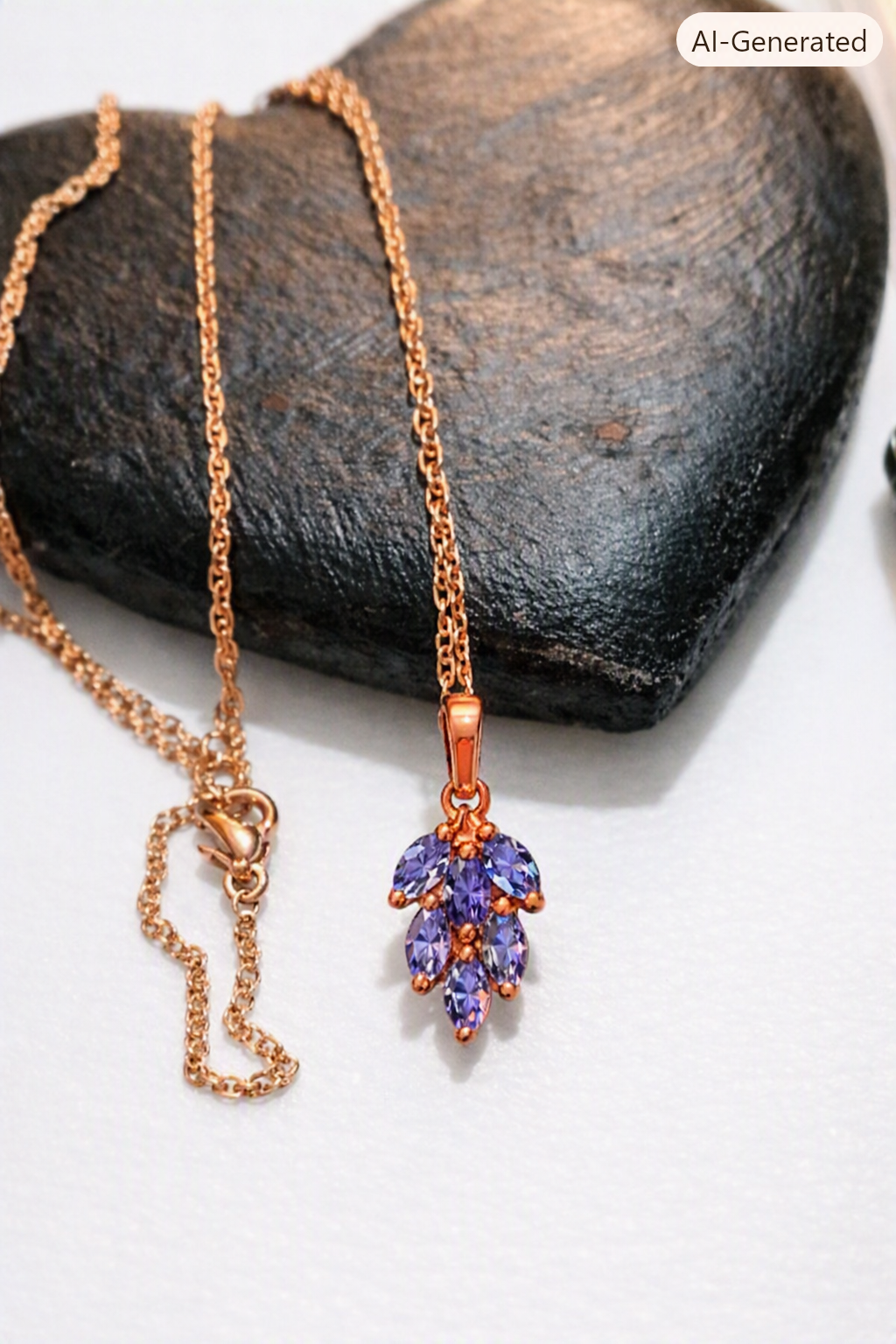 Gold Tone Chain Necklace with a copper tone Purple Marquise Amethyst Grape Pendant