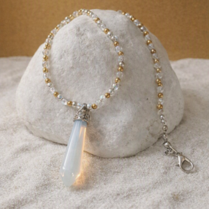 White Crystal Pendant Necklace – Gold & Copper Beads – 40cm Long