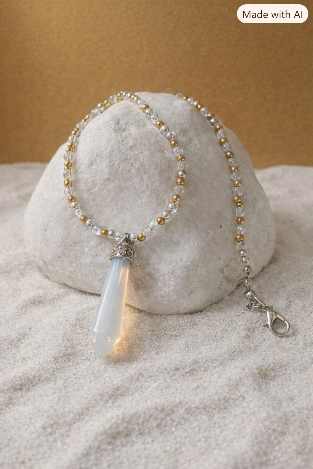 White Crystal Pendant Necklace – Gold & Copper Beads – 40cm Long