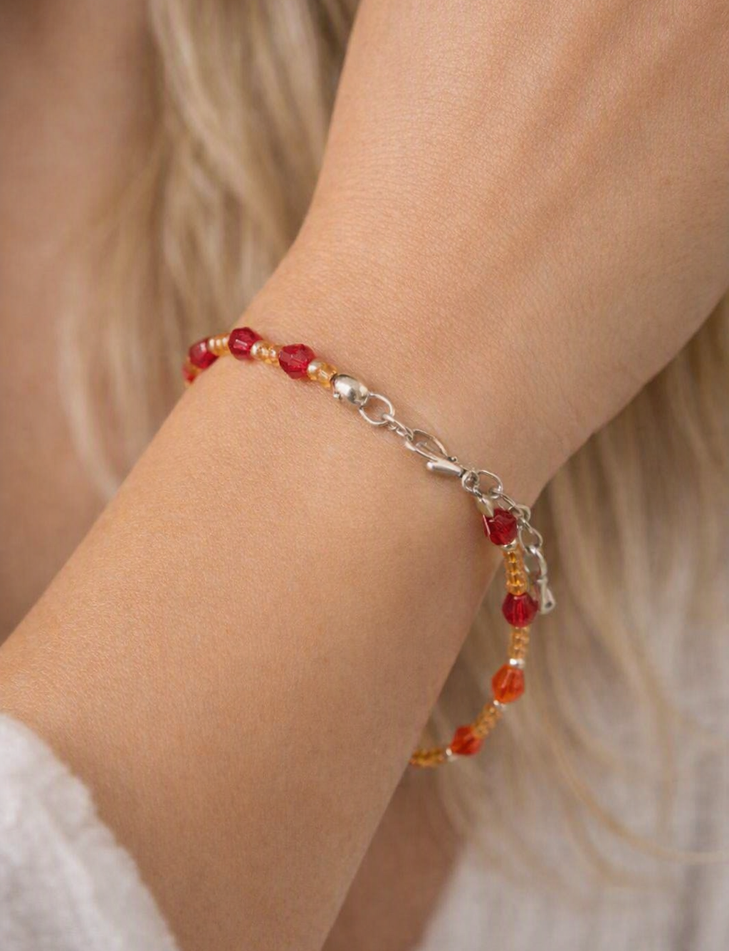 Handmade Beaded Bracelet – Red, Orange & Gold – Silver Clasp – Adjustable Chain - Image 2