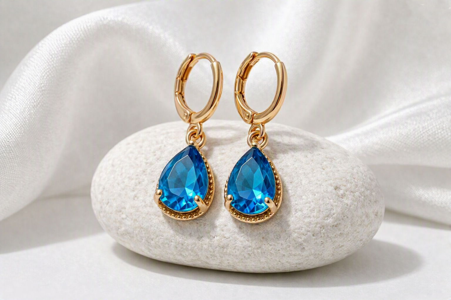 Stylish Oval Cut Blue Topaz Hoop Earrings – 2CT – 14K Gold Plated
