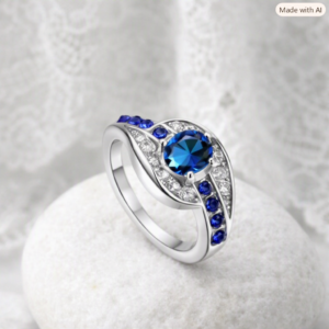Tin Alloy Plated Ring – Blue Crystal Center – Textured Bubble Finish