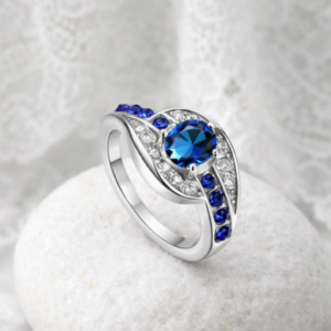 Tin Alloy Plated Ring – Blue Crystal Center – Textured Bubble Finish