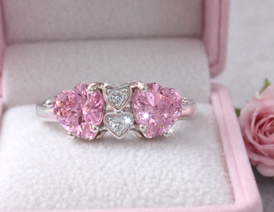 Gorgeous Silver Four Heart Gemstone Ring – Pink Topaz & Clear Cubic Zirconia Hearts (Copy)