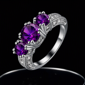 Impressive Sterling Silver Plated Round Amethyst & Cubic Zirconia Ring