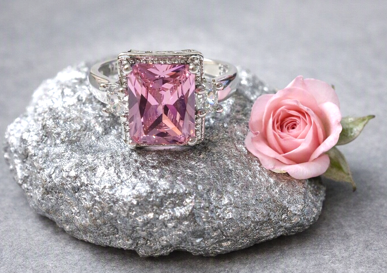 Gorgeous 3ct Pink Topaz Ring – 0.11ct White Cubic Zirconia – 925 Sterling Silver - Image 2