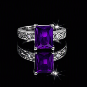 925 Hallmarked Sterling Silver Ring – 3.2Ct Amethyst – 4 Cubic Zirconias .04Ct – Ornate Shaft Design