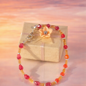 Handmade Beaded Bracelet – Red, Orange & Gold – Silver Clasp – Adjustable Chain