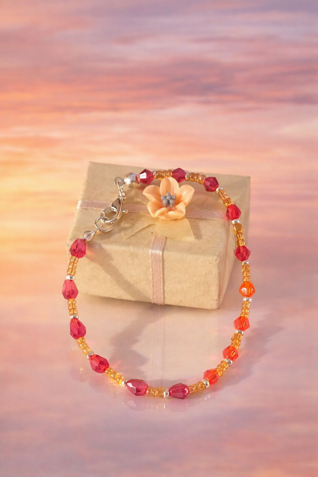 Handmade Beaded Bracelet – Red, Orange & Gold – Silver Clasp – Adjustable Chain