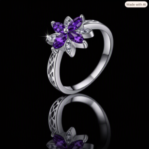 White Gold Plated Floral Filigree Ring Purple Amethysts & Clear CZ Gems