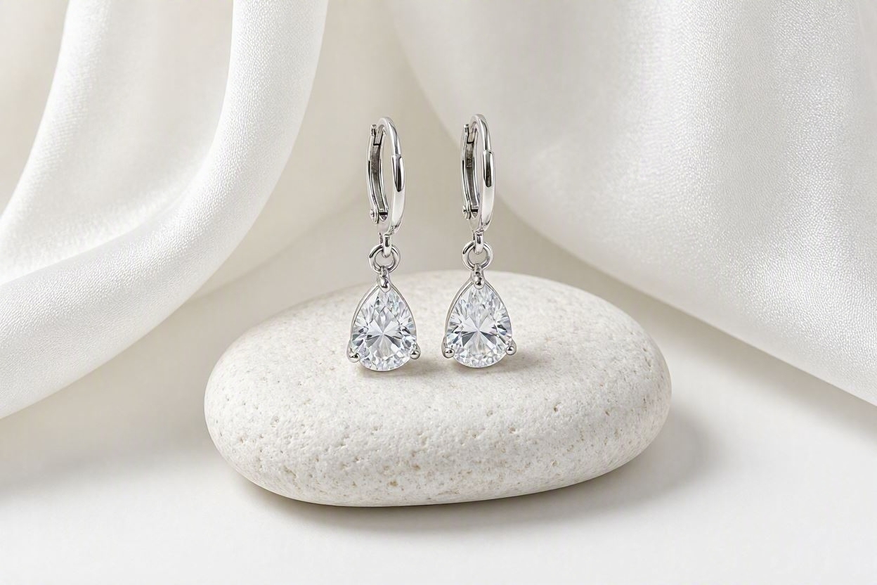 Stylish Oval Cut White Topaz Hoop Earrings – 2CT – 14K White Gold Plated - Image 2