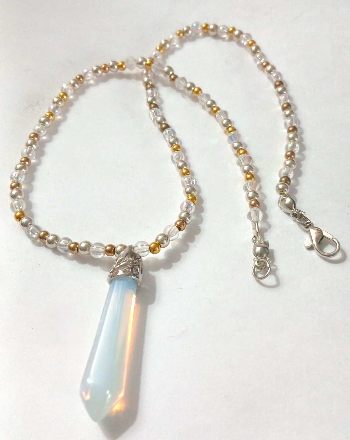 White Crystal Pendant Necklace – Gold & Copper Beads – 40cm Long - Image 3