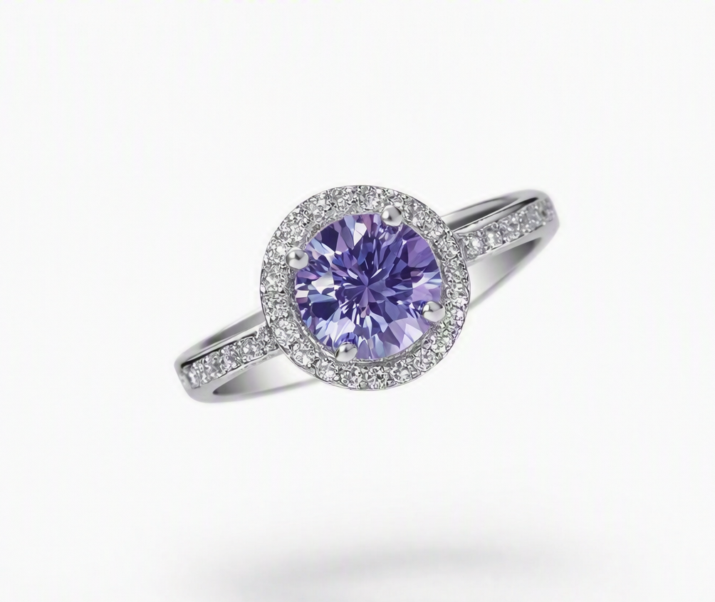 Amethyst Halo Ring 925 Silver Hallmarked – 31 Cubic Zirconias
