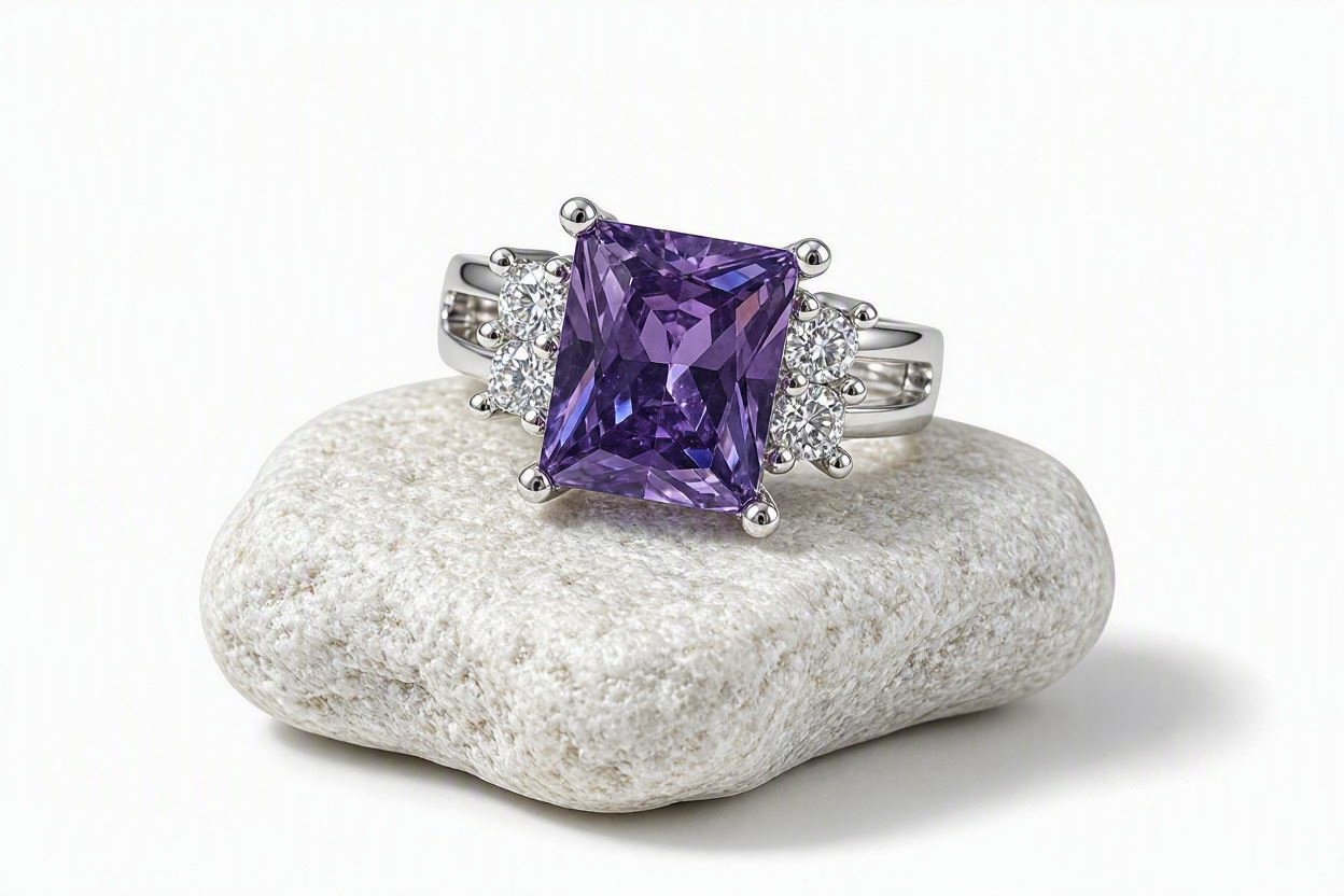 Classic Emerald‑Cut Purple Amethyst & Cubic Zirconia Ring – 925 Sterling Silver - Image 2