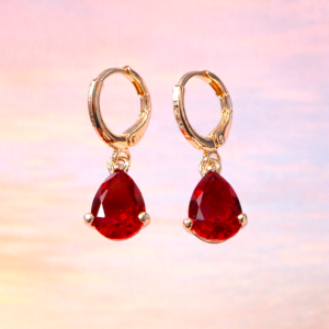 14K Gold‑Plated Oval Red Zircon Drop Earrings – 1.5 CT Each