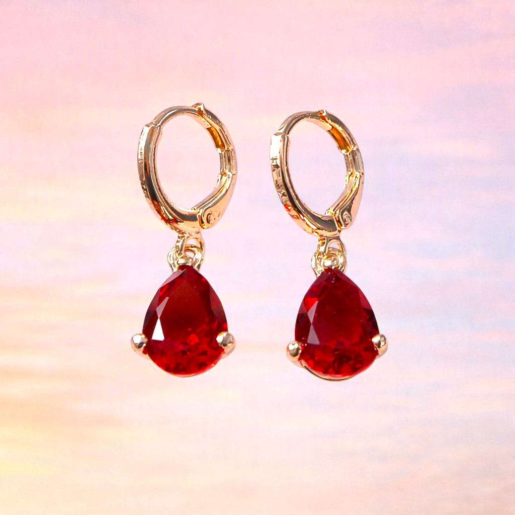 14K Gold‑Plated Oval Red Zircon Drop Earrings – 1.5 CT Each