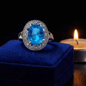 Soft Oval Blue Heated Crystal Silver‑Plated Ring with a Wide Band.