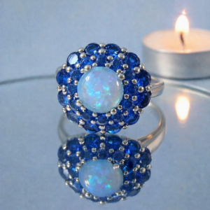 925 Sterling Silver Opal & Blue Zircon Cluster Ring – Hallmarked Size 9/R