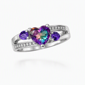 Elegant 925 Sterling Silver Mystic Topaz Heart & Round Amethyst Ring 925