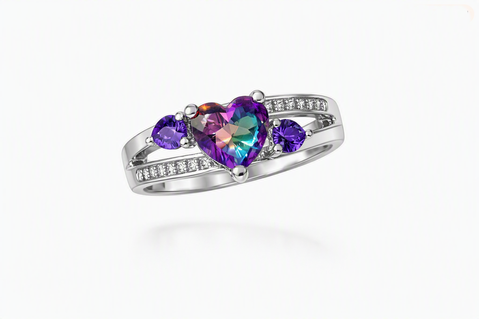 Elegant 925 Sterling Silver Mystic Topaz Heart & Round Amethyst Ring 925
