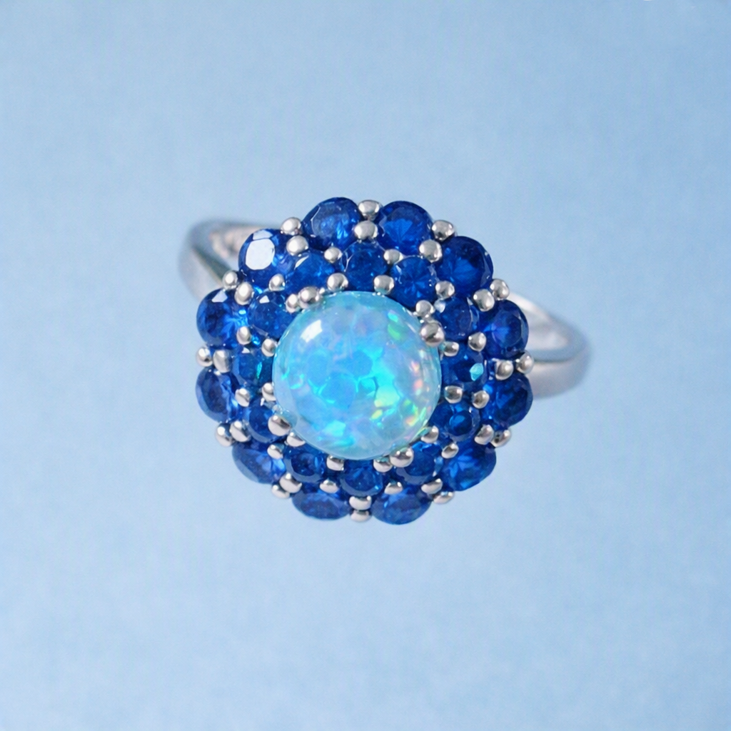 925 Sterling Silver Opal & Blue Zircon Cluster Ring – Hallmarked Size 9/R - Image 2