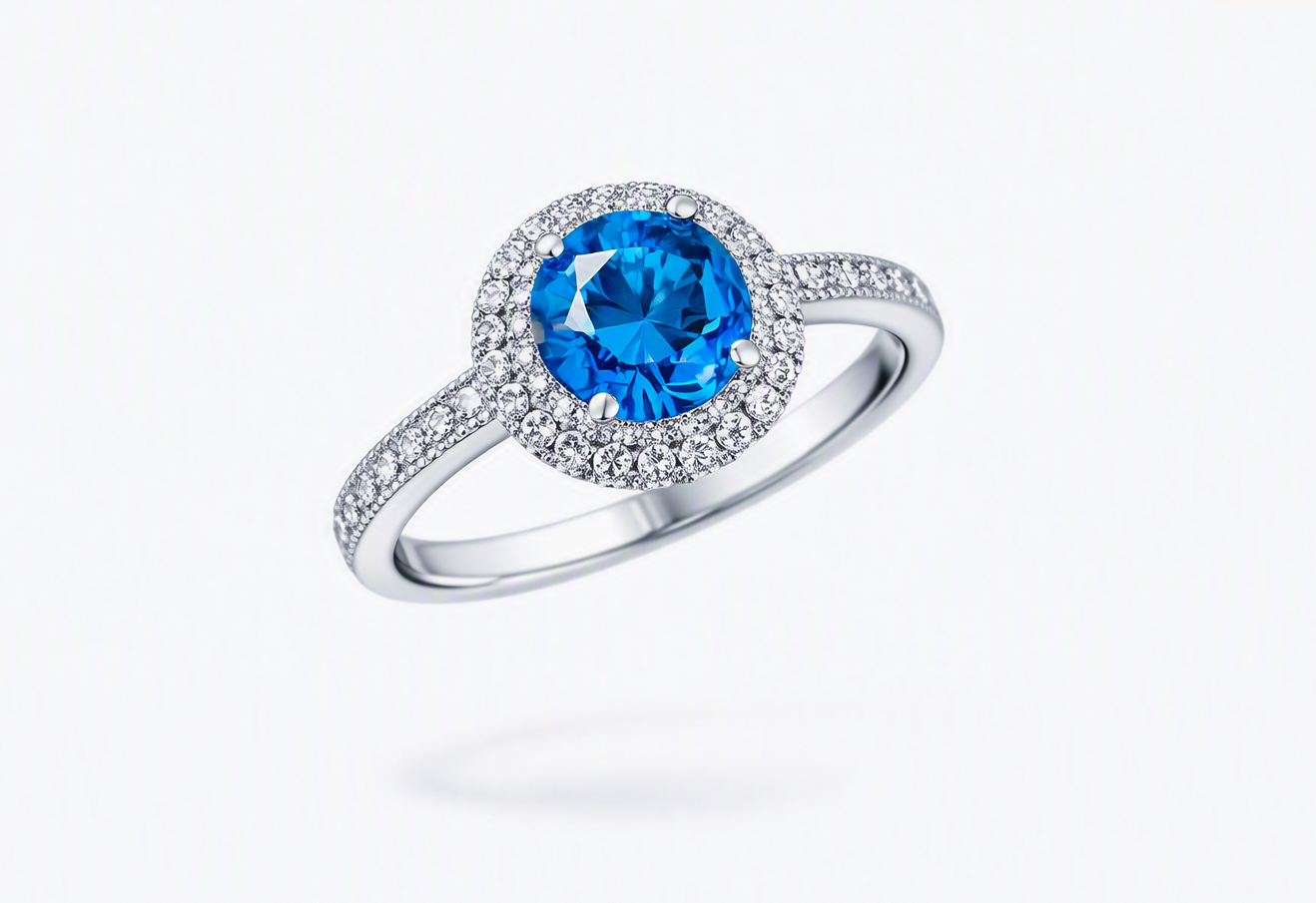 Blue Topaz Halo Ring 925 Silver Hallmarked – 31 Cubic Zirconias