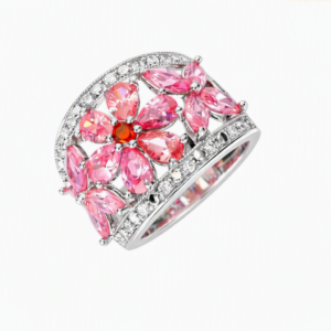 Floral Cocktail Ring – Pink Marquise & Red Center Stone – 925 Silver Size 9/R