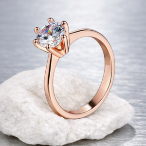 Gold Tone Ring – White Crystal – High Standing Cup – Five Prongs