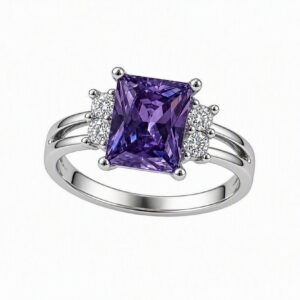 Classic Emerald‑Cut Purple Amethyst & Cubic Zirconia Ring – 925 Sterling Silver