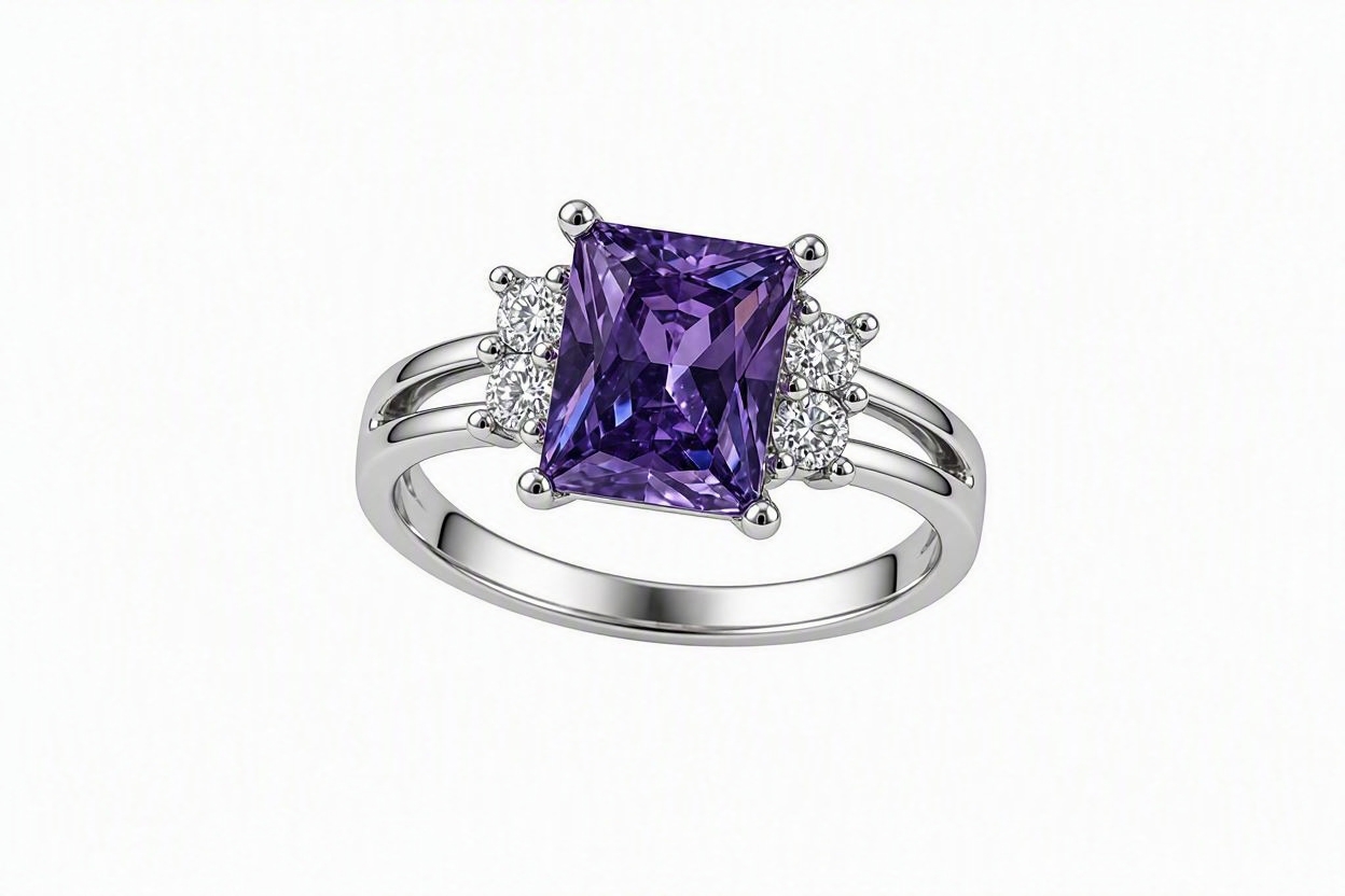 Classic Emerald‑Cut Purple Amethyst & Cubic Zirconia Ring – 925 Sterling Silver