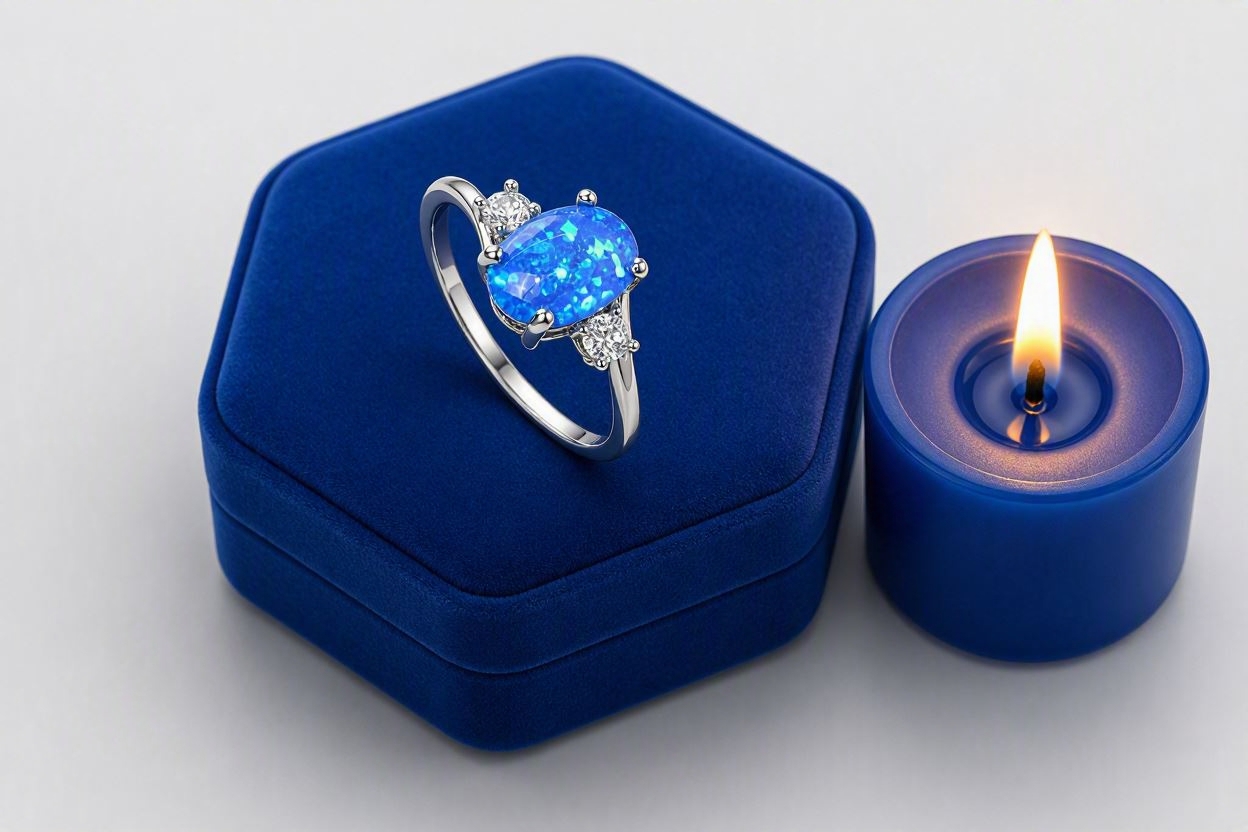 Silver‑Plated Heated Imitation Blue Opal & White Rhinestone Ring - Image 2