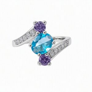 Sterling Silver Ring Oval Cut Blue Topaz & Round Amethyst Accents