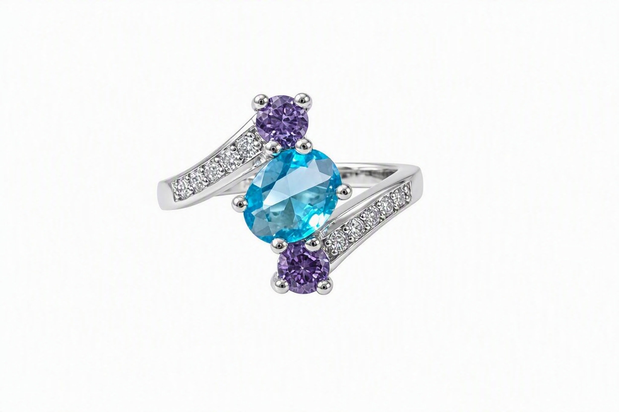 Sterling Silver Ring Oval Cut Blue Topaz & Round Amethyst Accents