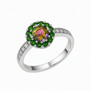 Stunning Mystic Topaz & Green Zirconia Halo Ring 925 Hallmarked