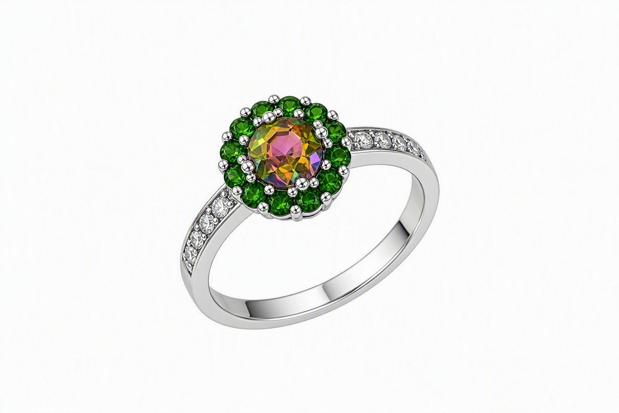 Stunning Mystic Topaz & Green Zirconia Halo Ring 925 Hallmarked