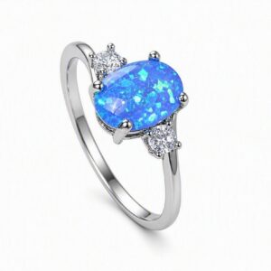 Silver‑Plated Heated Imitation Blue Opal & White Rhinestone Ring