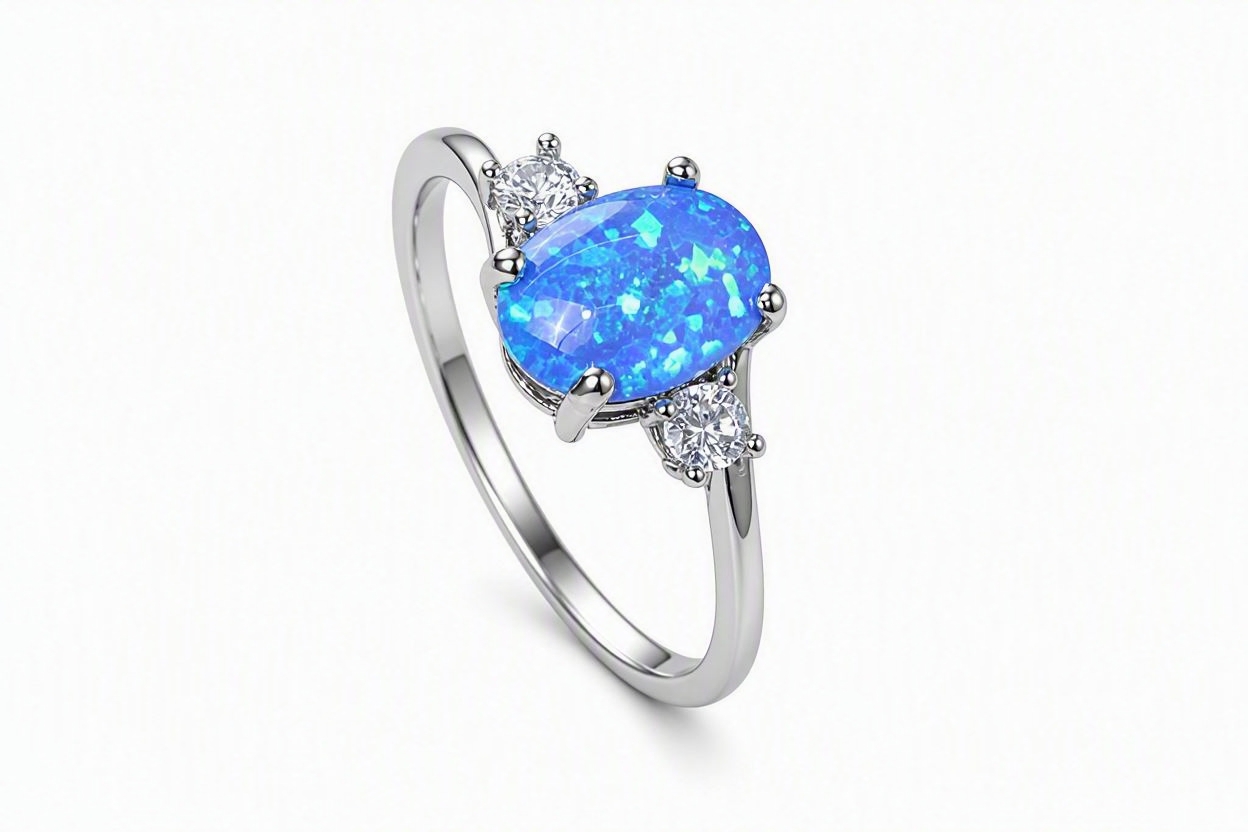 Silver‑Plated Heated Imitation Blue Opal & White Rhinestone Ring