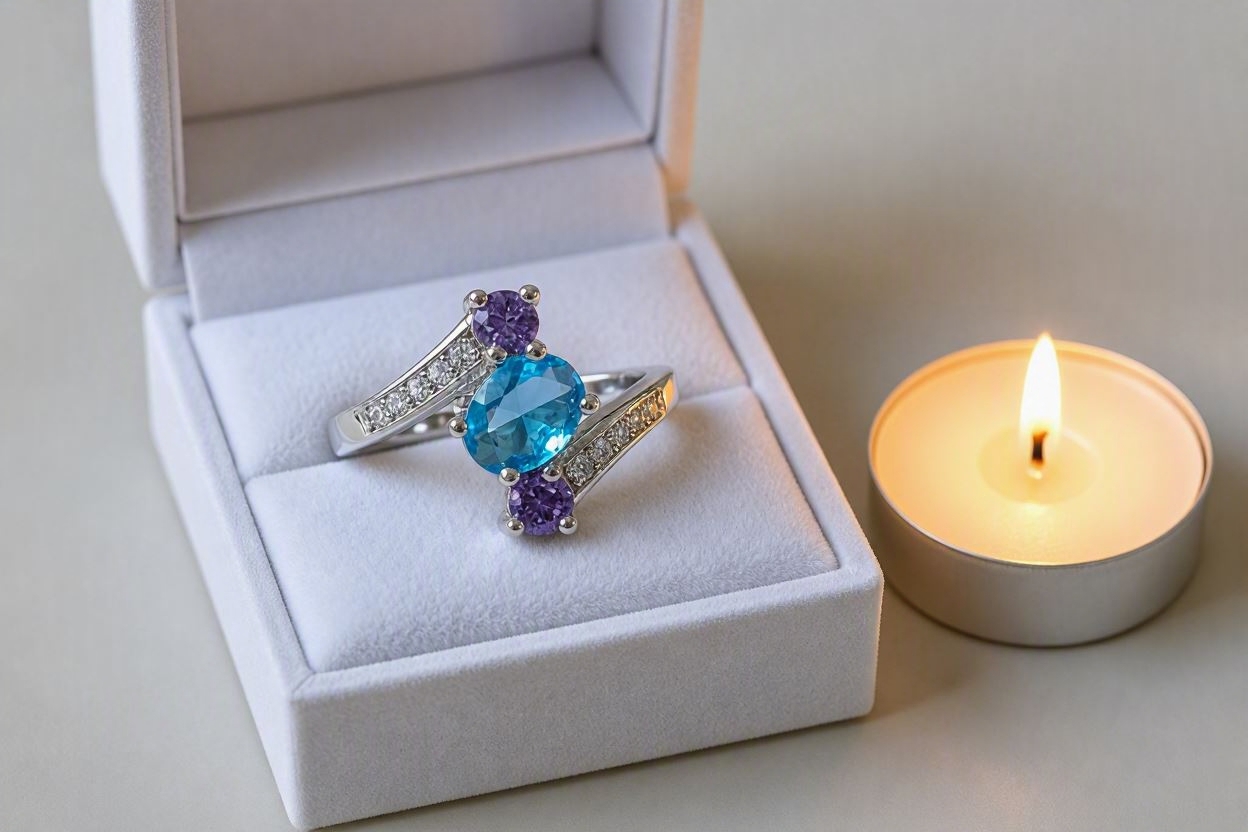 Sterling Silver Ring Oval Cut Blue Topaz & Round Amethyst Accents - Image 2