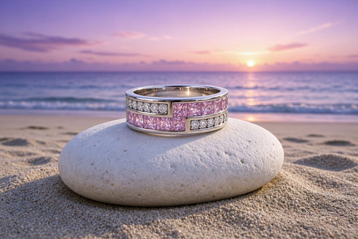 925 Hallmarked Silver Ring – White & Pink Topaz Sequence Design